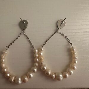 Freshwater Pearl Hoop Drop Earrings - Silver Chain